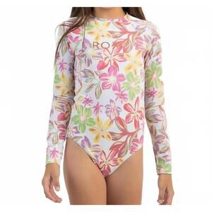 NEW ROXY girls tropical time long sleeve one-piece rashguard in bright white bay